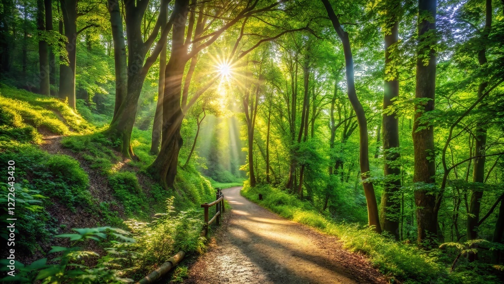 Naklejka premium Sunlit Forest Path: Lush Canopy, Green Nature Trail, Sunlight Through Trees