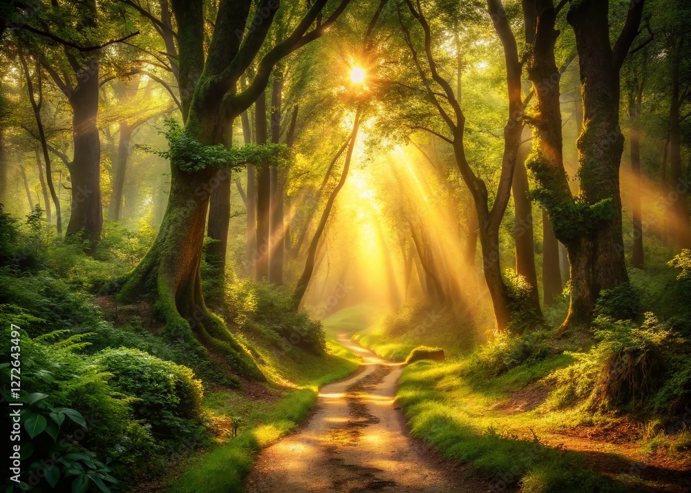 Obraz premium Sunlit Forest Path: Deep Woods Landscape Photography 4K