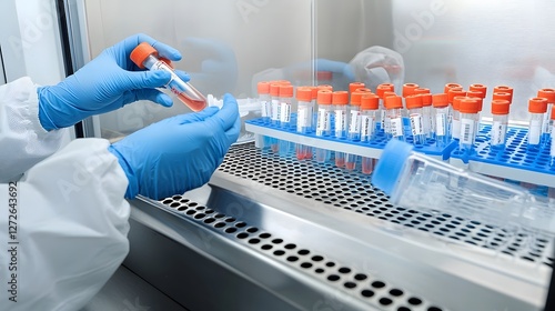 Close up view of hands wearing sterile gloves carefully handling PCR tubes inside a biosafety cabinet in a medical research laboratory setting