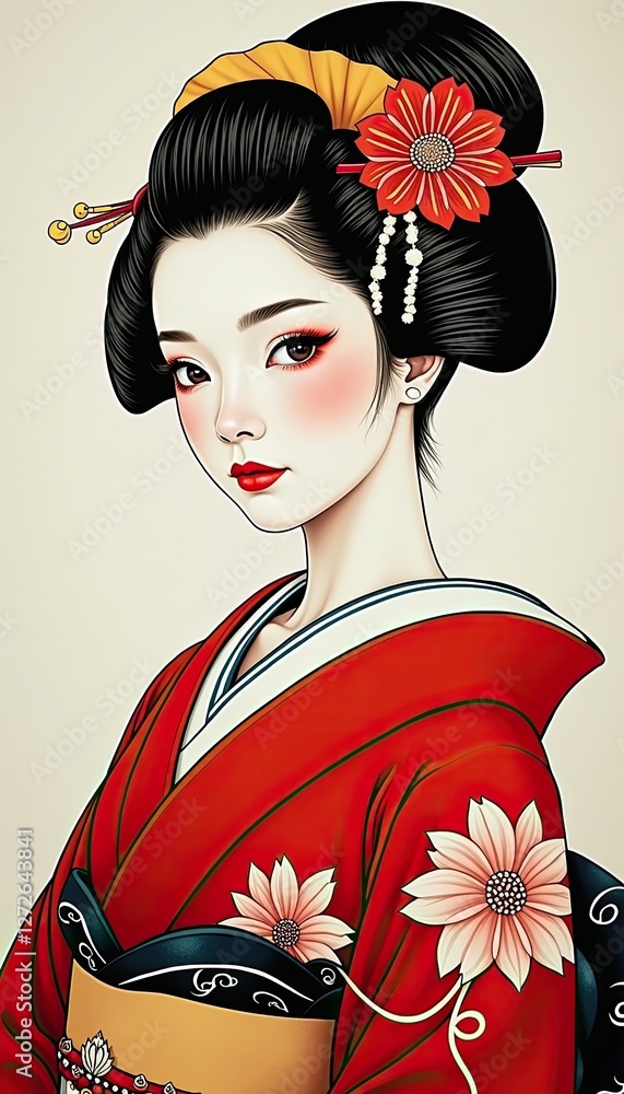 Vibrant Red Kimono Woman Against Cream Background: Fashion Portrait Inspiration. A woman in a red kimono with a flower in her hair. Vibrant Red Kimono Woman Against Cream Background: Fashion Portrait Inspiration. A woman in a red kimono with a flower in her hair.