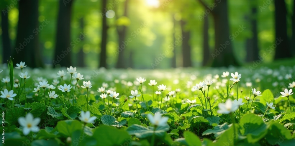 Fototapeta premium A carpet of white flowers in a forest clearing, flowers, blooming