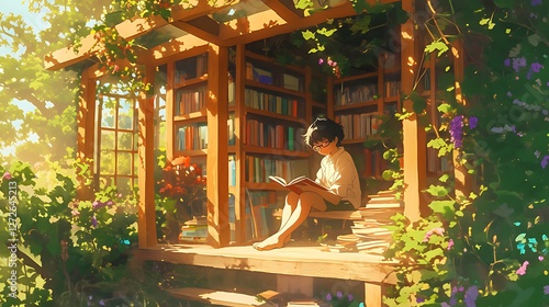 The secret library is located in a lush garden overgrown with wild plants, A young scholar sits reading a book, colorful anime style
