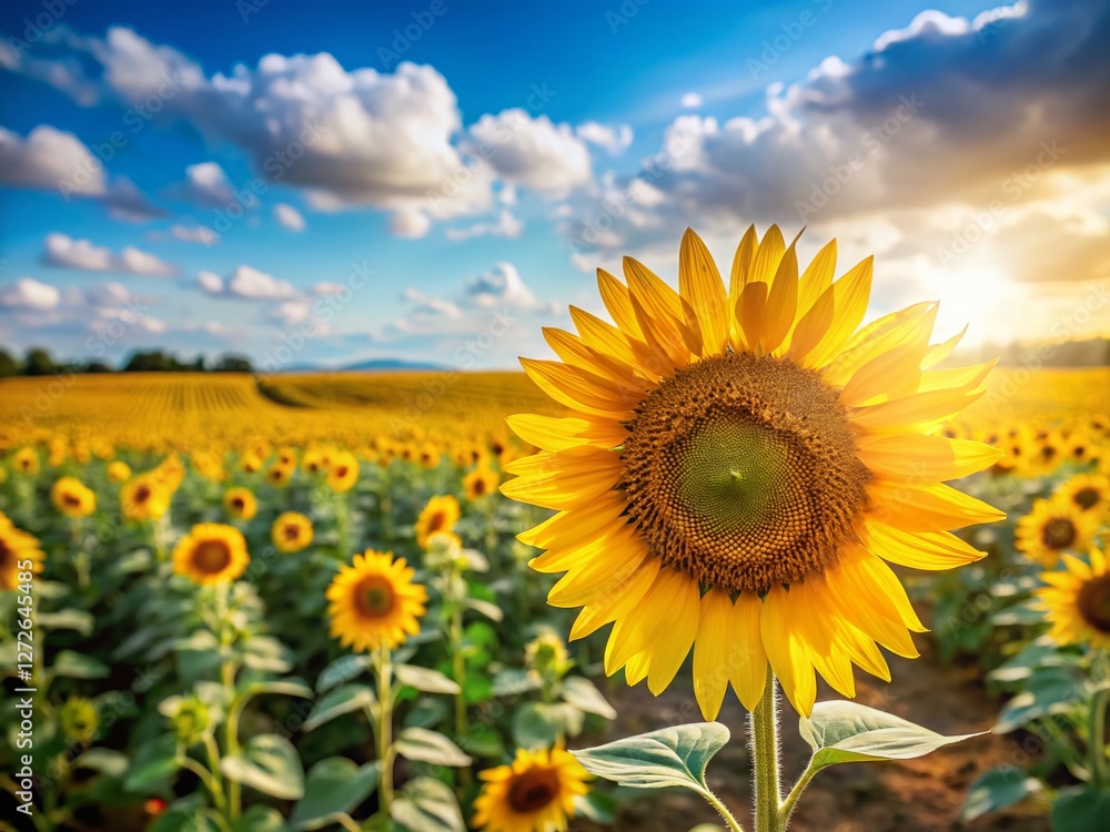 Sunny Sunflower Field: Tilt-Shift Photography of Summer Harvest, Organic Farming, Oilseed Crop Sunny Sunflower Field: Tilt-Shift Photography of Summer Harvest, Organic Farming, Oilseed Crop