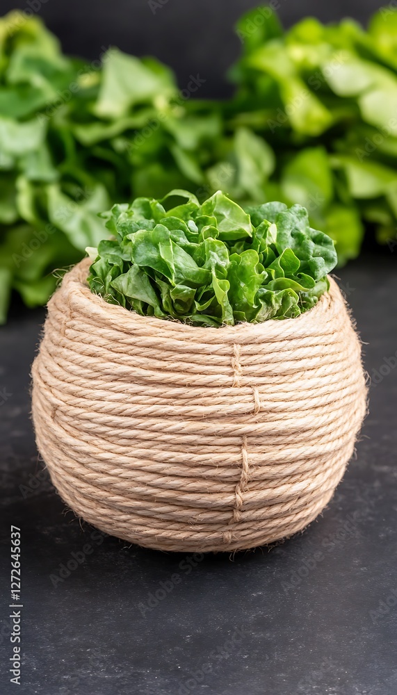 Fresh green herbs arranged in a rustic rope-woven pot on a dark surface with leafy greens in background Fresh green herbs arranged in a rustic rope-woven pot on a dark surface with leafy greens in background