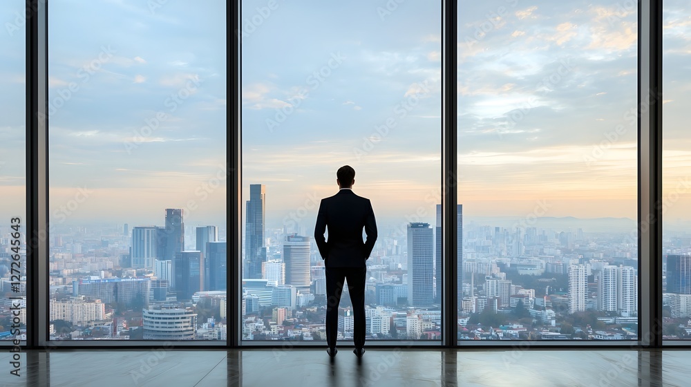 Fototapeta premium Silhouette of a businessman standing in front of a large window gazing out over the bustling cityscape as the sun rises symbolizing ambition leadership