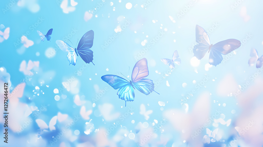 Abstract blur of blue morpho butterflies against a soft sky, bokeh, wallpaper, light. Magical Iridescent Butterflies. Illustration Abstract blur of blue morpho butterflies against a soft sky, bokeh, wallpaper, light. Magical Iridescent Butterflies. Illustration
