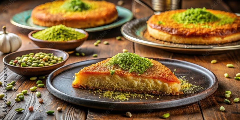 Indulge in hot, pistachio-laden künefe, a delightful Turkish kadayif dessert with cheese. Indulge in hot, pistachio-laden künefe, a delightful Turkish kadayif dessert with cheese.