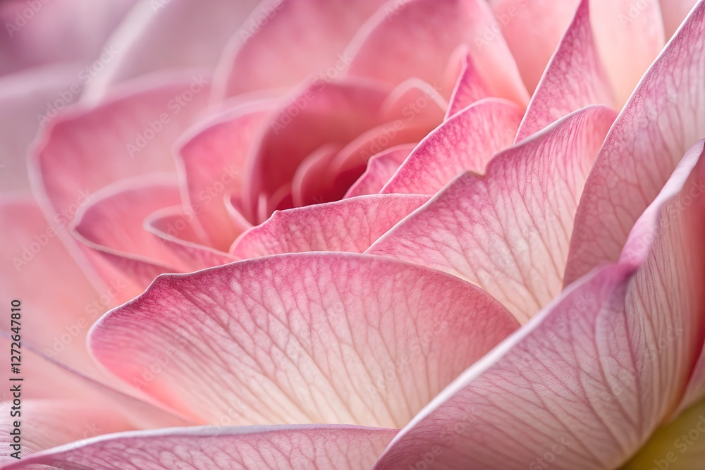 Obraz premium Petal Whispers: A close-up captures the delicate layers of a flower's petals, their soft pink hues and intricate textures whispering of nature's beauty.