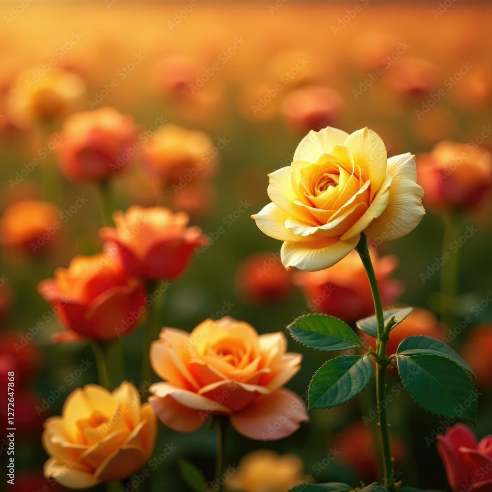 A single golden rose in a red and gold floral field, landscape, golden rose A single golden rose in a red and gold floral field, landscape, golden rose