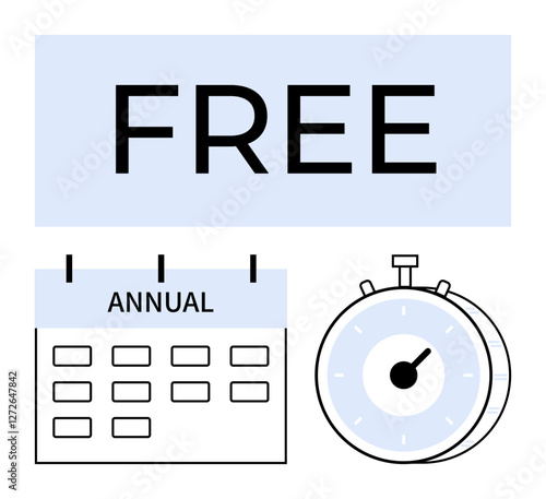 Large FREE text, annual calendar, and stopwatch representing quick decisions and limited-time offers. Ideal for marketing, promotions, events, discounts, subscriptions, education abstract line flat