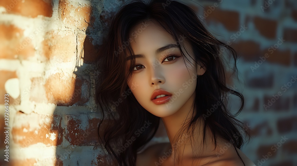 Fototapeta premium A street-style beauty campaign featuring an Asian model leaning against a brick wall, effortlessly using a compact powder, urban textures surrounding her, cinematic soft lighting, ultra-HD,