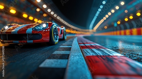 Red vintage race car on a wet track at night, ready to start.