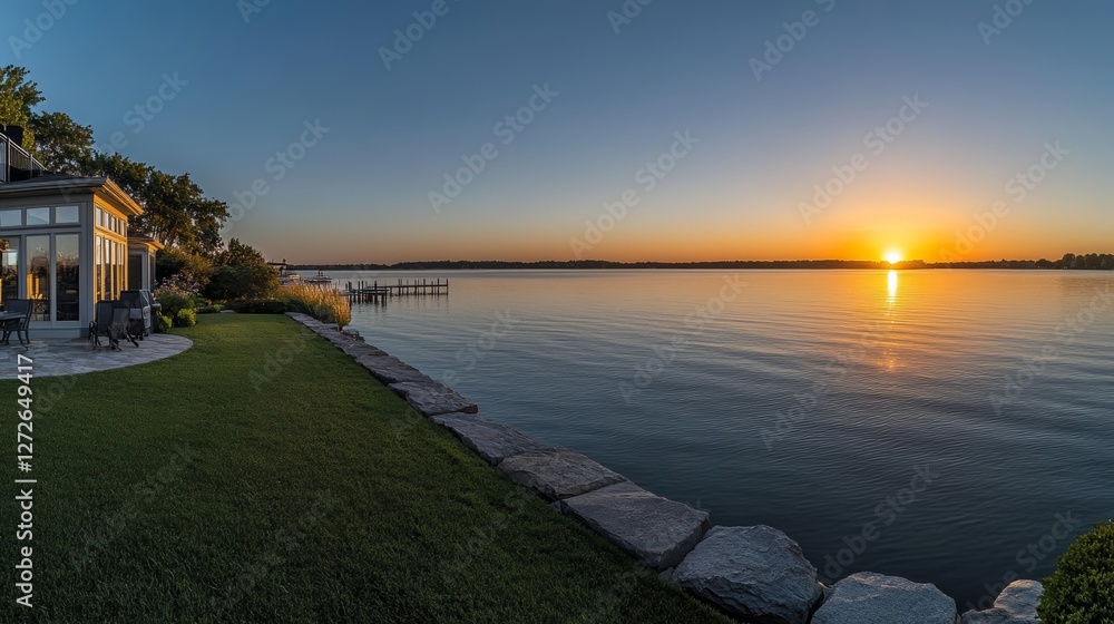 Obraz premium Serene Sunrise Over Tranquil Waterfront Oasis with Lush Greenery