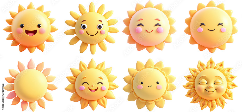 A playful collection of 9 stylized, smiling sun icons in bright yellow and orange hues. The suns are designed with cute, happy faces, creating a cheerful and whimsical mood, each with varying expressi A playful collection of 9 stylized, smiling sun icons in bright yellow and orange hues. The suns are designed with cute, happy faces, creating a cheerful and whimsical mood, each with varying expressi