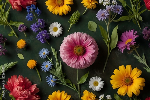 Vibrant Flower Arrangement on Dark Green Background