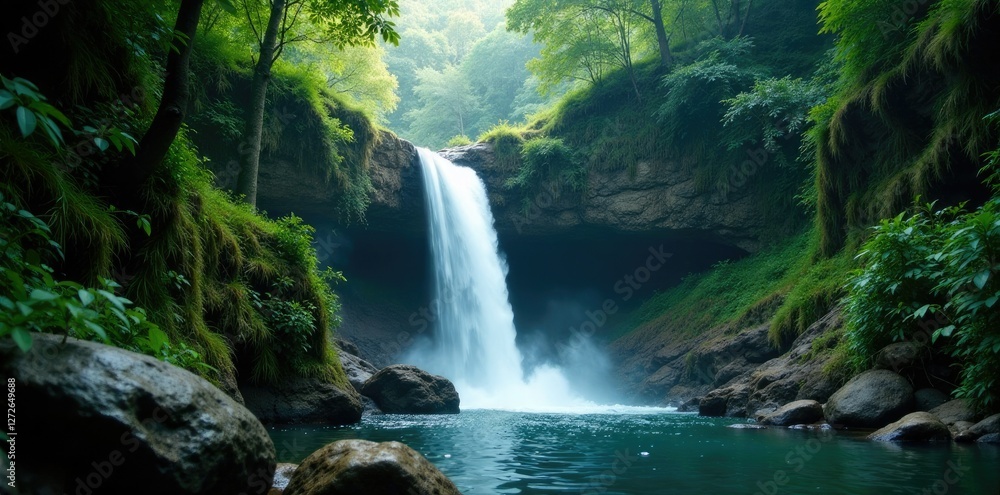 Fototapeta premium a waterfall cascades down a rocky slope in the jungle, slope, waterfall, geological