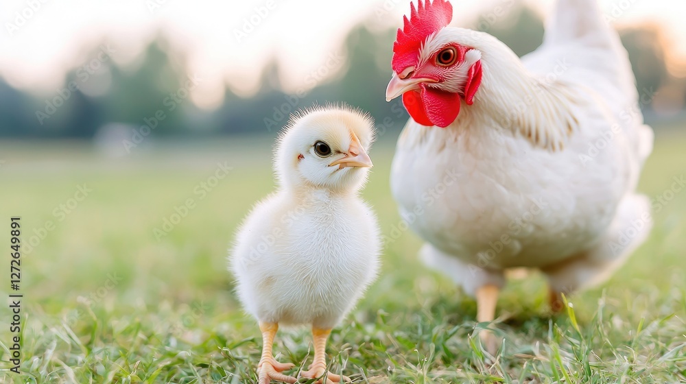 Mother hen and chick in a grassy field at dawn, potential use in nature, farm, or education materials Mother hen and chick in a grassy field at dawn, potential use in nature, farm, or education materials