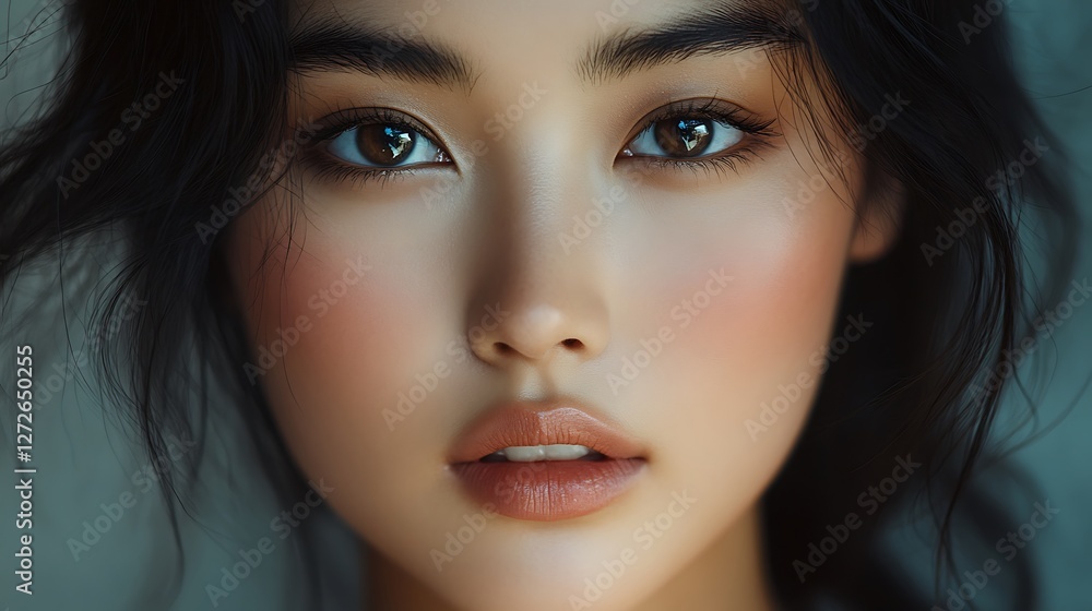 Fototapeta premium A stunning close-up of an Asian model’s face with a flawless matte foundation, smooth and even skin texture, soft diffused lighting creating a refined glow, minimalistic background,