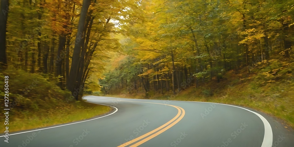 Naklejka premium Empty winding forest road in autumn,Empty asphalt road in autumn forest. Autumnal background,colors, falling, highway, horizontal, journey, photography,9546