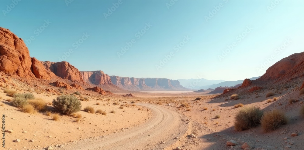 Naklejka premium Barren treeless landscape with rocky outcrops, barren land, empty space, sterile environment