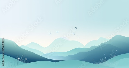 Wallpaper Mural A serene landscape featuring soft hills and birds in a tranquil blue gradient sky. Torontodigital.ca