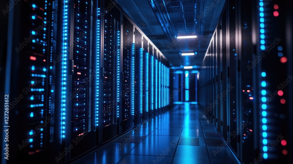 Fototapeta premium High-tech data center with glowing blue server racks in a futuristic corridor. Ideal for technology, cybersecurity, cloud computing, and IT infrastructure visuals
