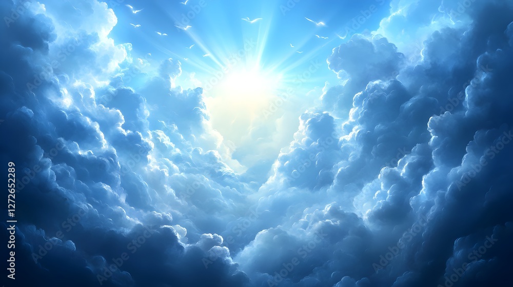Naklejka premium Serene Blue Clouds and Light Rays in a High-Quality Background