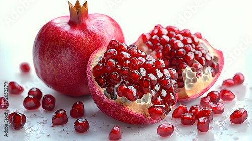 Fresh Pomegranate Fruit with Seeds and Cut Half photo