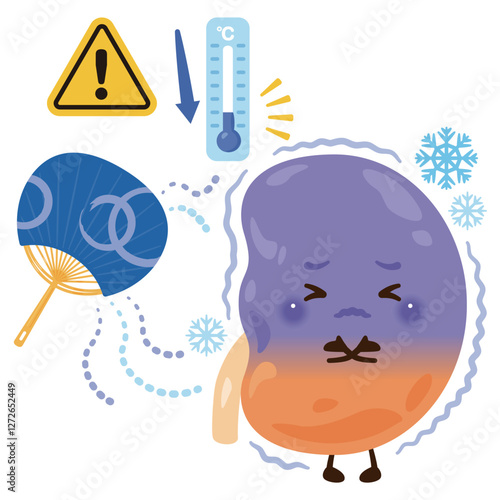 寒さで調子が悪くなる腎臓のキャラクター