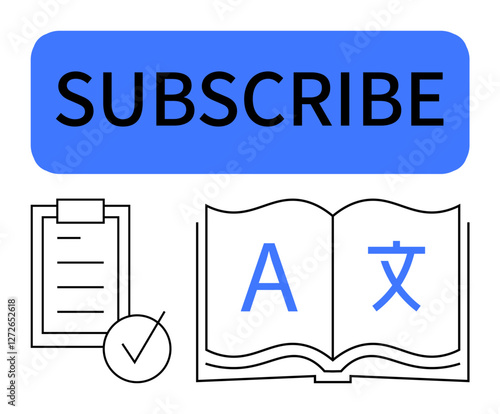 Blue subscribe button atop open book with multilingual A and translation symbol, clipboard checklist with tick mark. Ideal for education, learning tools, digital resources, newsletters, academic