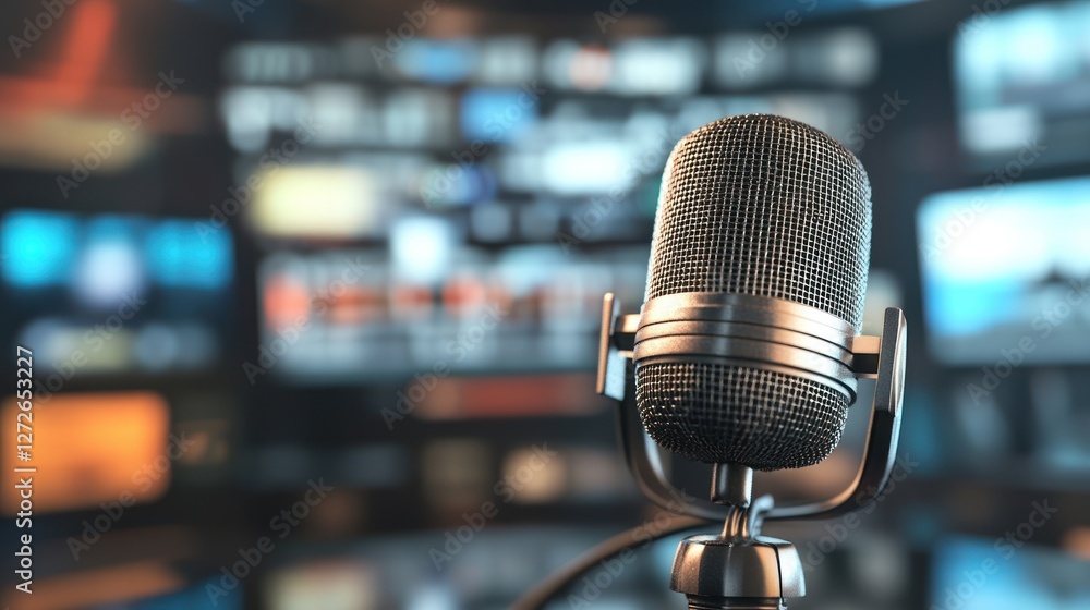 Retro microphone in a broadcasting studio with blurred screens. Retro microphone in a broadcasting studio with blurred screens.