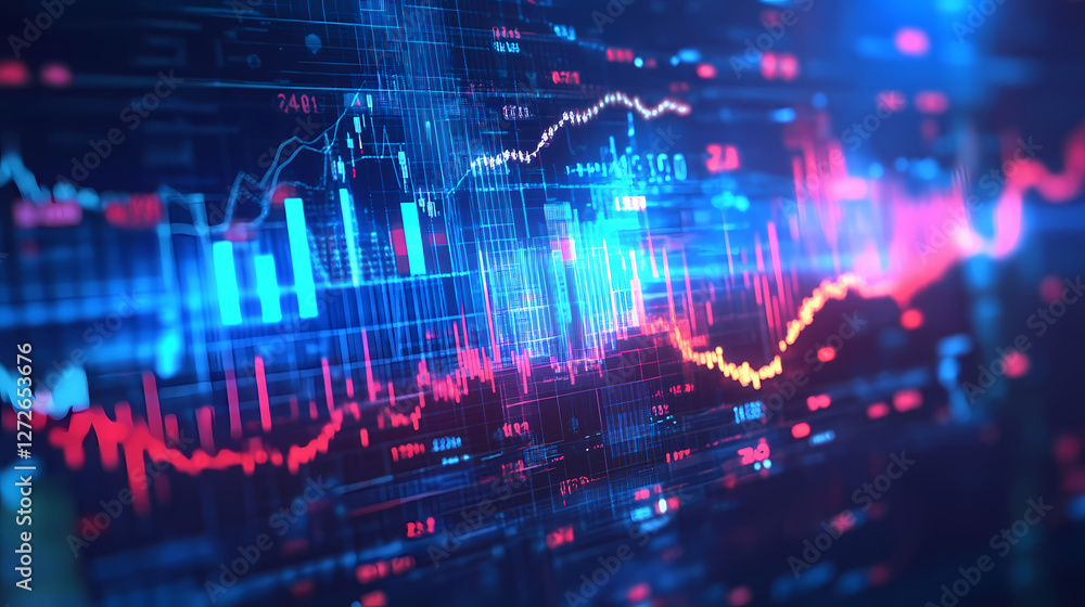Dynamic financial chart with fluctuating graphs and glowing elements on a blue background. Glowing Abstract Patterns. Illustration Dynamic financial chart with fluctuating graphs and glowing elements on a blue background. Glowing Abstract Patterns. Illustration