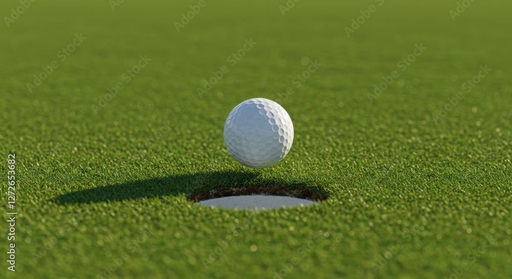 Golf ball poised above the hole on a lush green putting green under bright sunlight, showcasing precision Golf ball poised above the hole on a lush green putting green under bright sunlight, showcasing precision