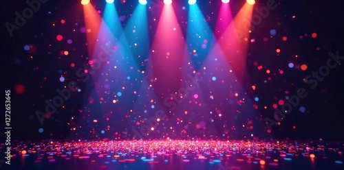 Colorful confetti fills spotlights that illuminate the stage, spotlight, colors, stage