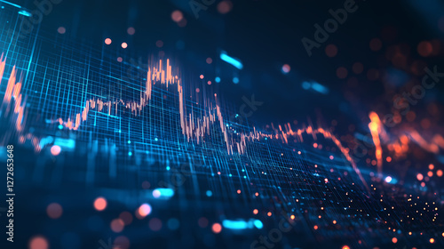 Dynamic financial chart with fluctuating graphs and glowing elements on a blue background. Glowing Abstract Patterns. Illustration