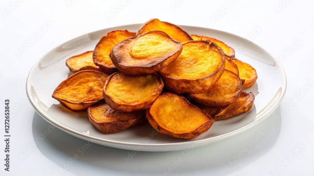 Surreal Fried Sweet Potato Slices on White Plate – Isolated Stock Photo Surreal Fried Sweet Potato Slices on White Plate – Isolated Stock Photo
