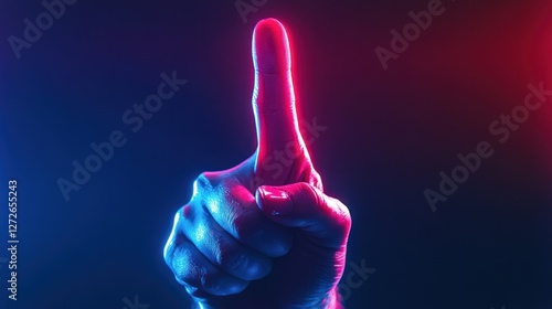 Amazing Red blue neon light female hand showing middle finger obscene sign photo