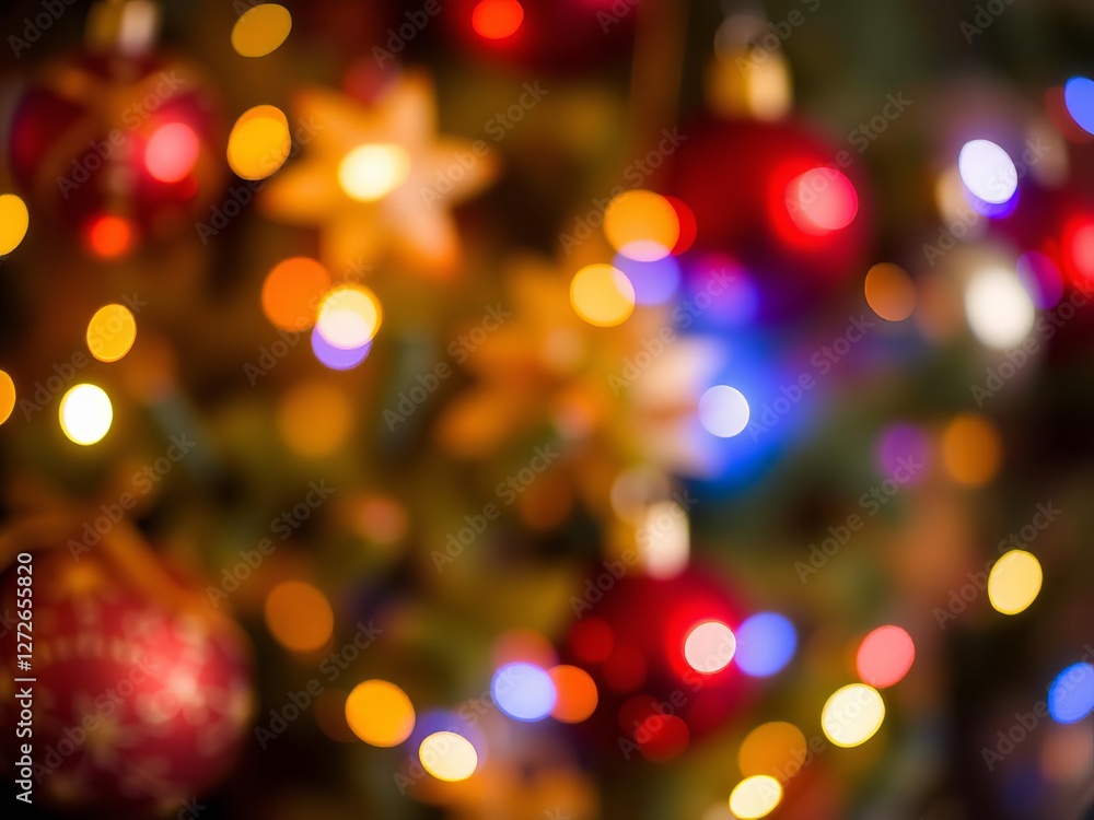 Obraz premium Blurred Christmas tree decorated with colorful balls, shiny, celebration, vibrant