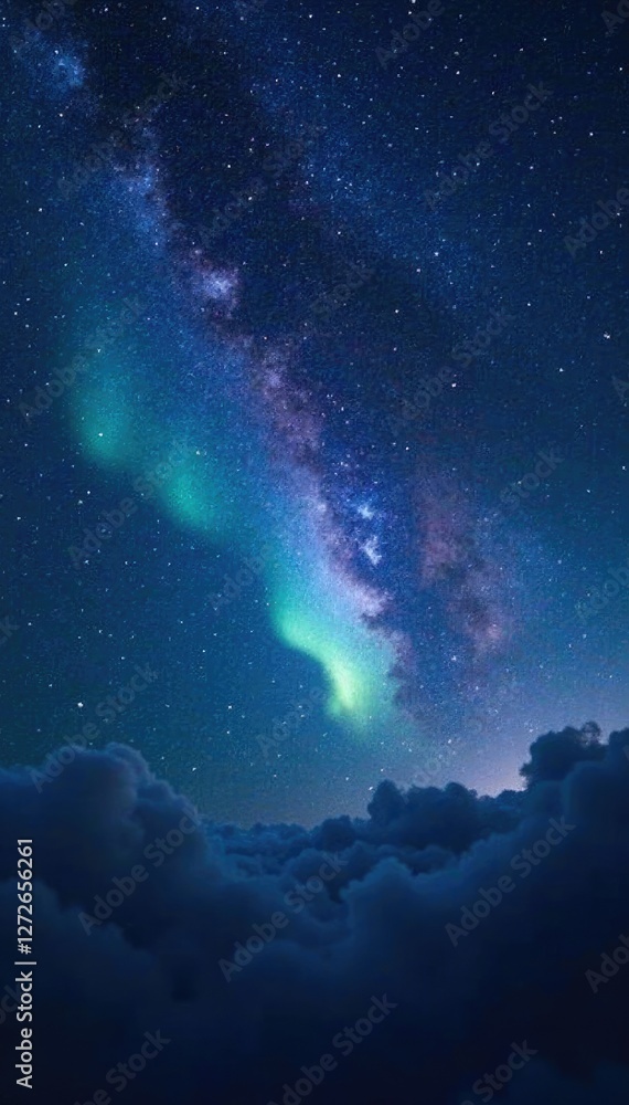 Fototapeta premium Dark sky with sparkling stars and soft aurora glow, constellation, galaxy