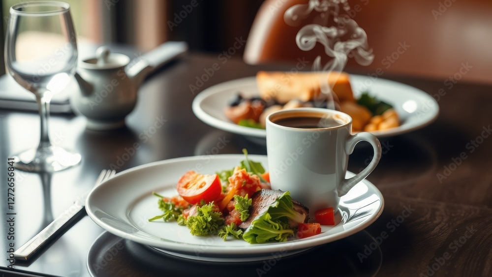 enjoy a delicious breakfast scene with a steaming cup of coffee, a vibrant salad, and toast. perfect for menus, blogs, or lifestyle projects. enjoy a delicious breakfast scene with a steaming cup of coffee, a vibrant salad, and toast. perfect for menus, blogs, or lifestyle projects.