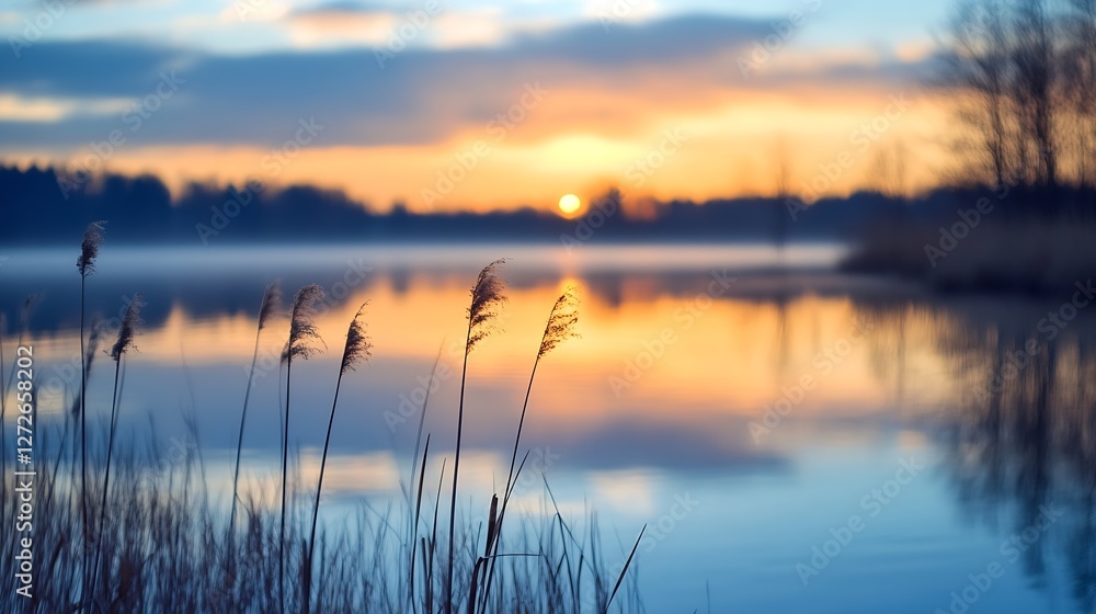 Calm lake at sunset with silhouetted reeds against a colorful sky and tranquil water : Generative AI Calm lake at sunset with silhouetted reeds against a colorful sky and tranquil water : Generative AI