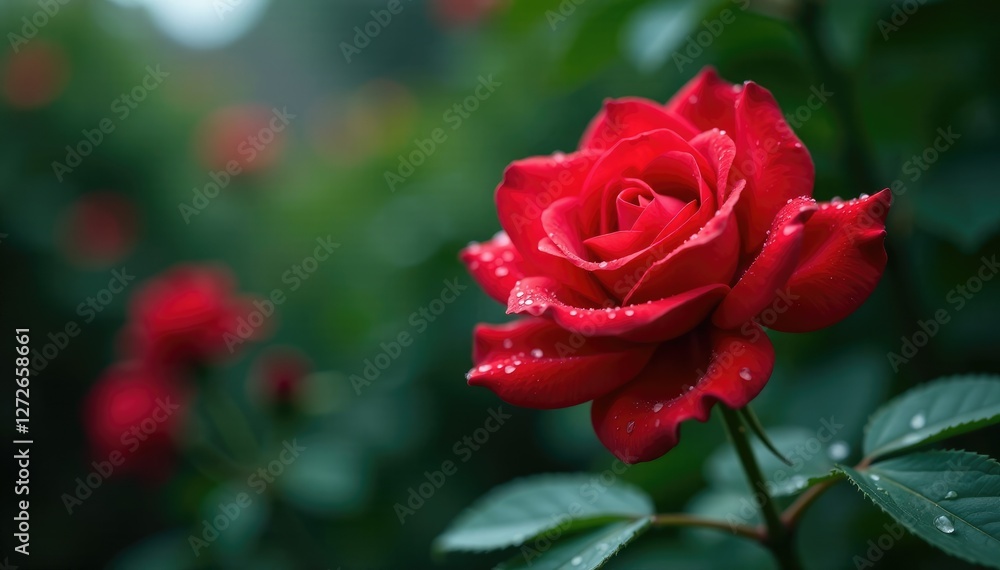 Delicate red rose blooms in a rainy garden, water droplets on petals, water droplets, roses Delicate red rose blooms in a rainy garden, water droplets on petals, water droplets, roses