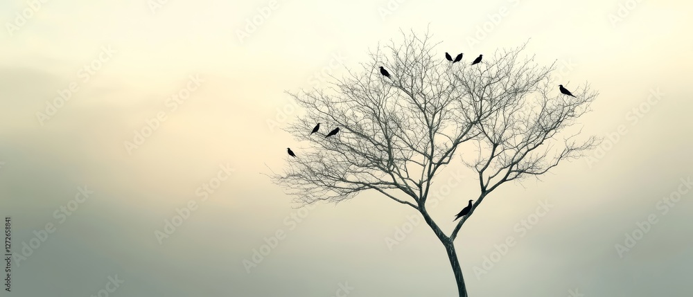 Obraz premium A Stark Tree with Avian Silhouettes Against an Ethereal Sky