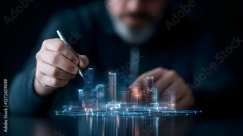 Businessman Touching Virtual Screen and Pressing Social Network Icon