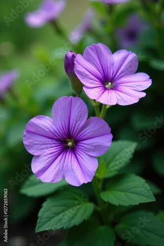 Delicate violet flowers with intricate purple petals and leaves in a lush garden, garden, gardens