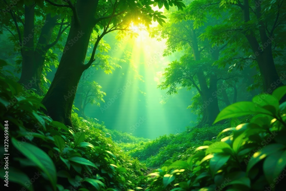 Obraz premium Dense foliage obstructs sunlight filtering through leaves, dense jungle, greenery, leafy canopy