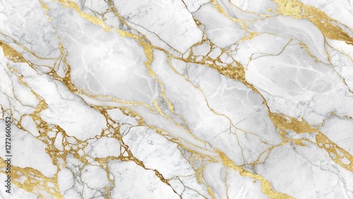 Seamless Marble Texture in White and Gold with Natural Veining luxurious and elegant marble texture featuring a pristine white base with intricate gold veining running through it. photo