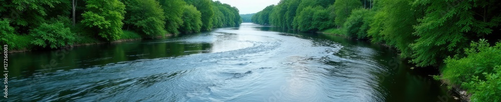 Fototapeta premium Dnieper River water flowing fast blue grey riverbank greenery, river flow, landscape photography