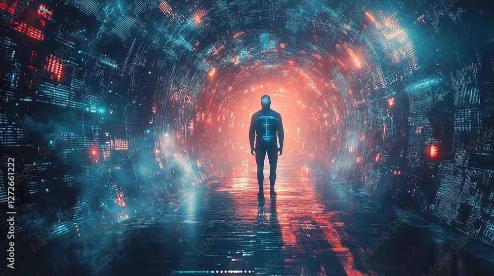 A cybernetic humanoid standing in a glowing data field A cybernetic humanoid standing in a glowing data field