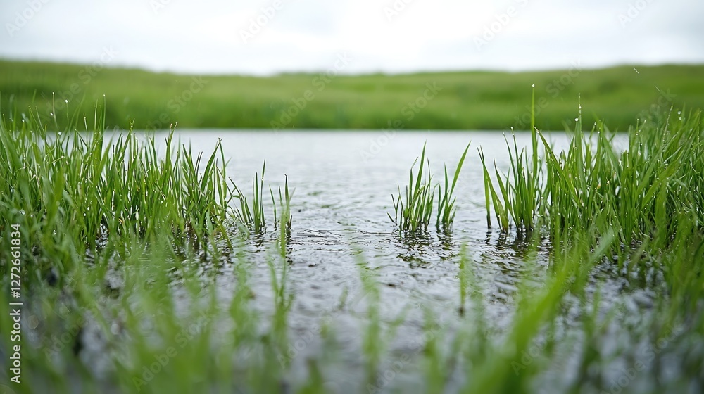 Obraz premium Green grass blades grow out of a calm pond in a flooded meadow during a cloudy day.